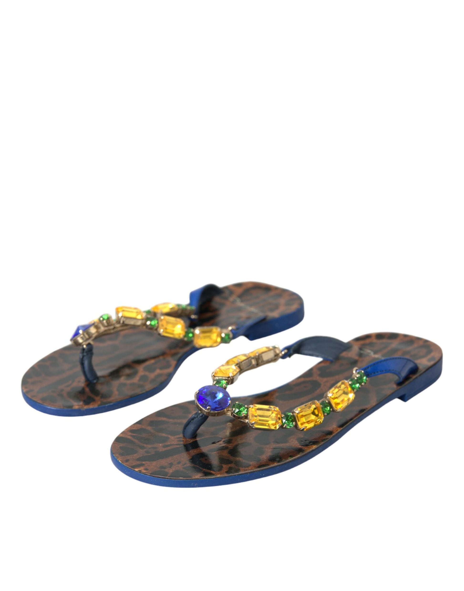 Pair of blue flip flops with colorful beads on straps