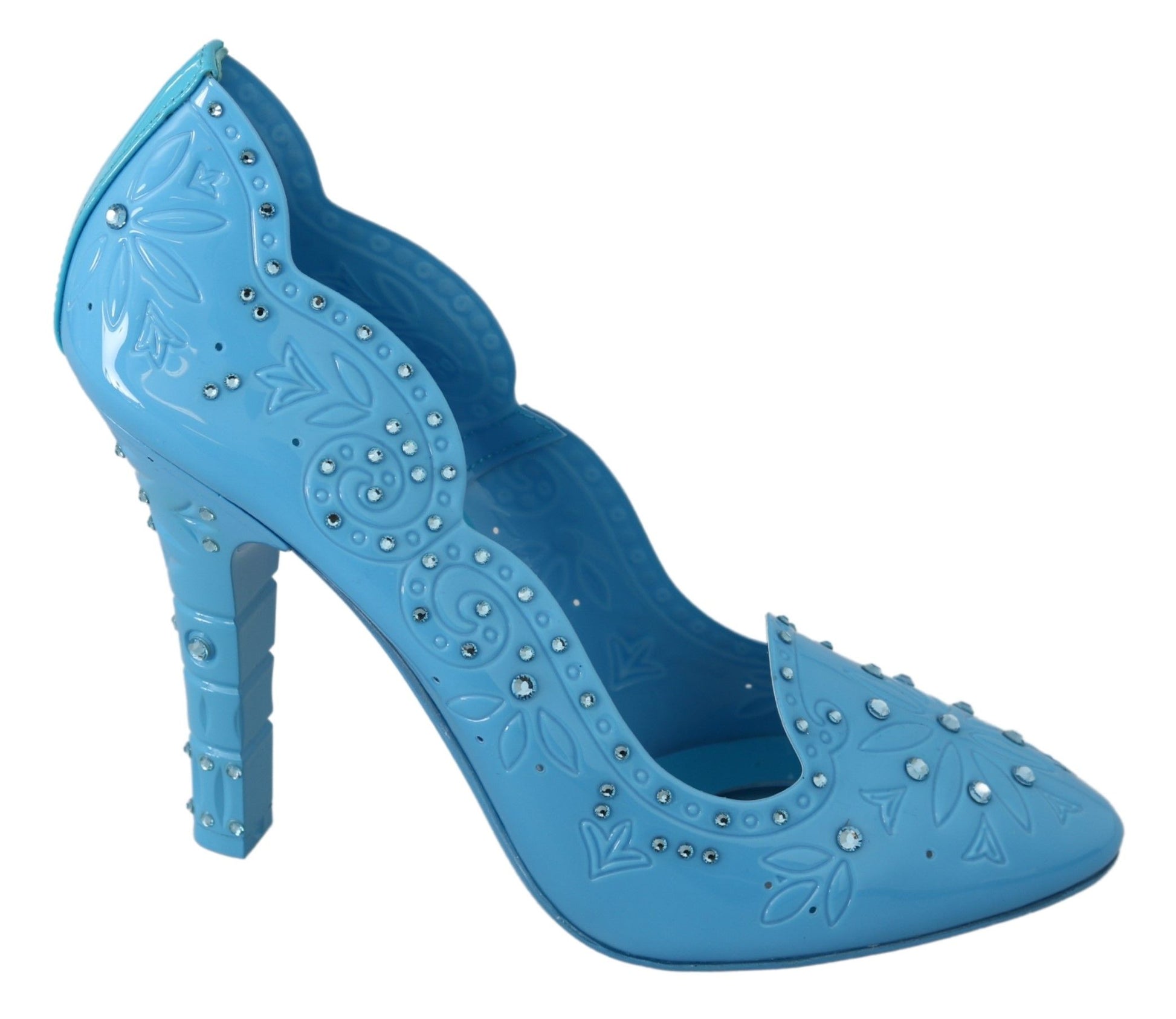 Blue high heel shoe with embellishments and a stiletto heel