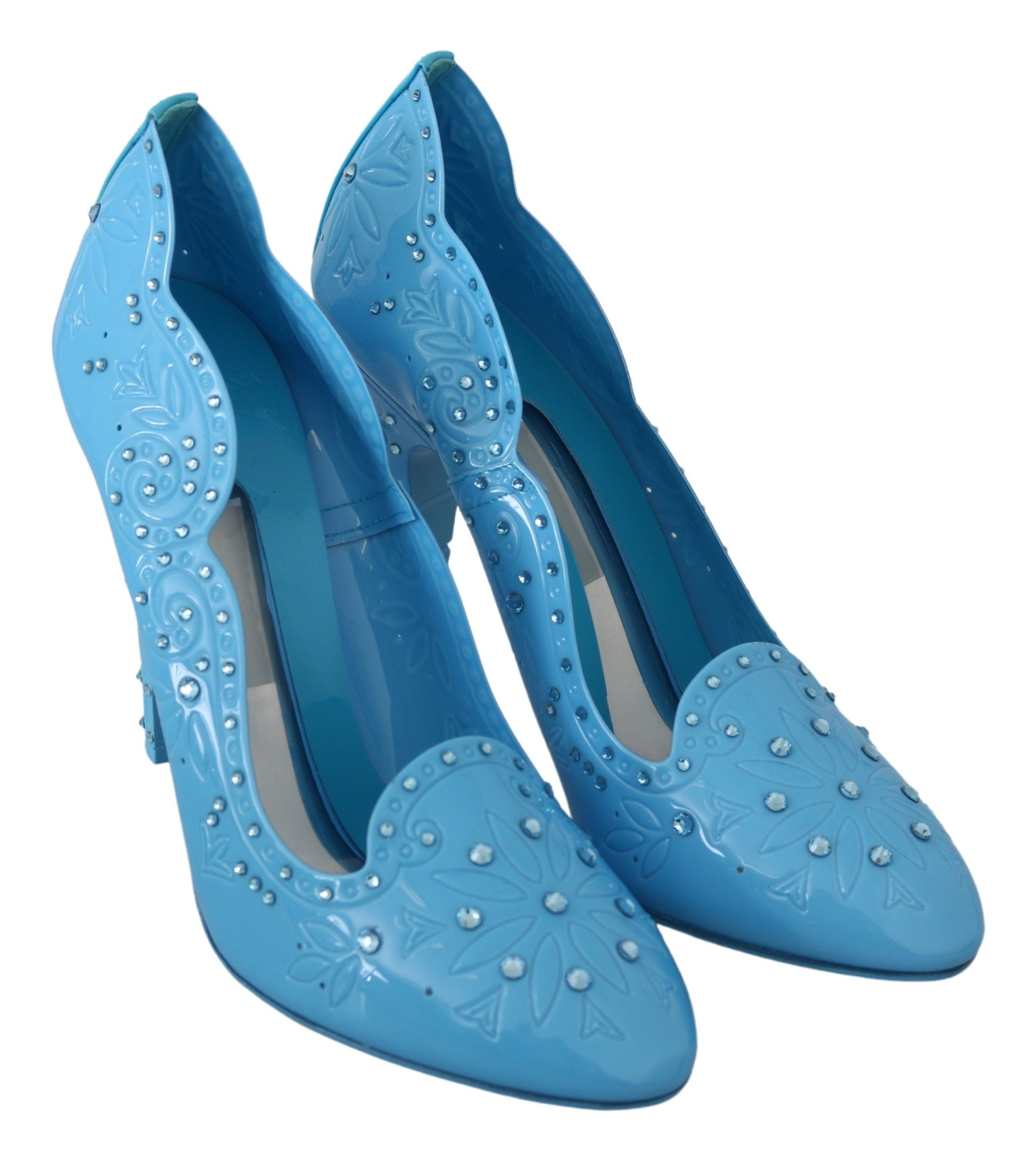 Pair of blue high heel shoes with embellishments and pointed toe design