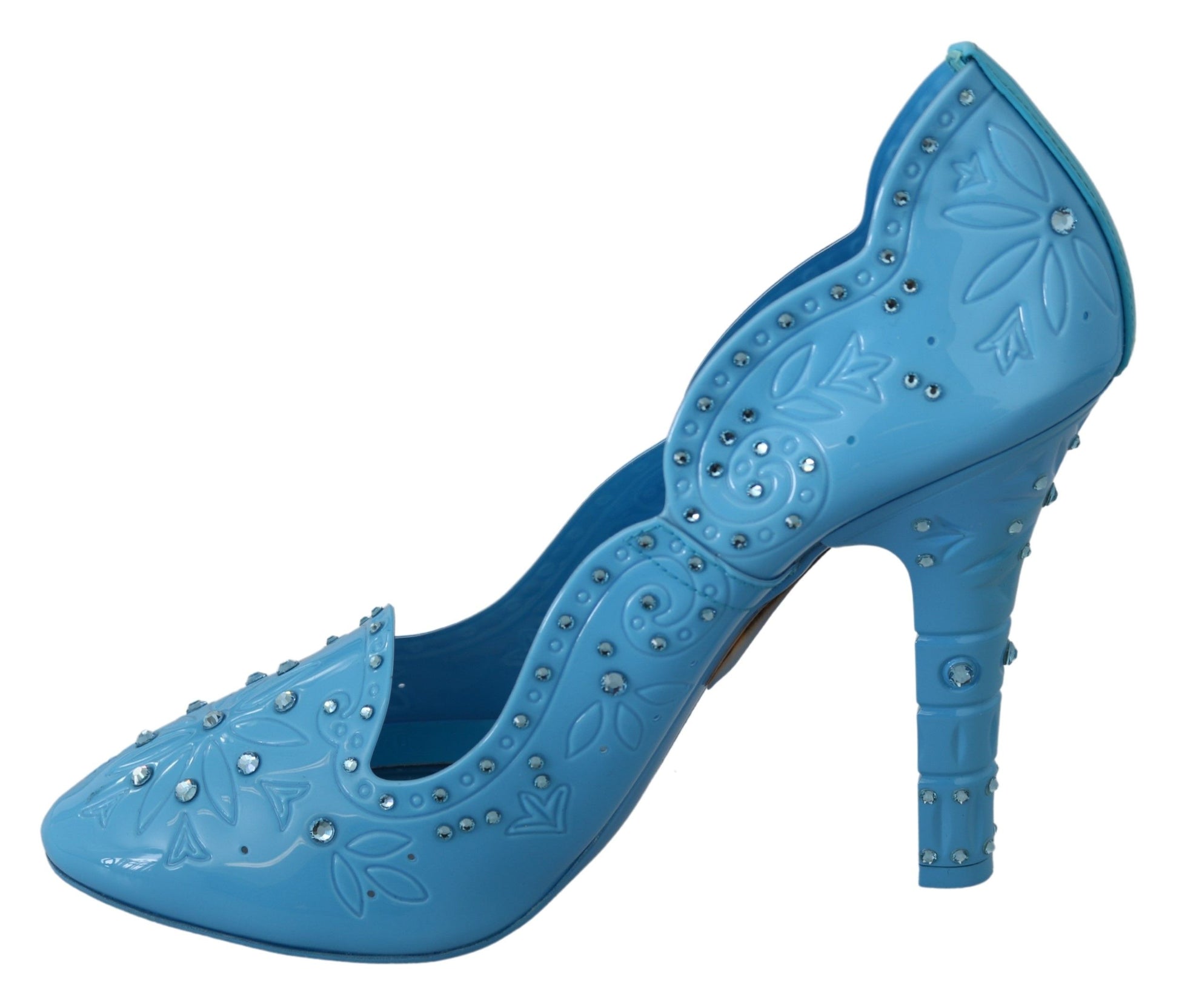 Blue high heel shoe with embroidery and rhinestones