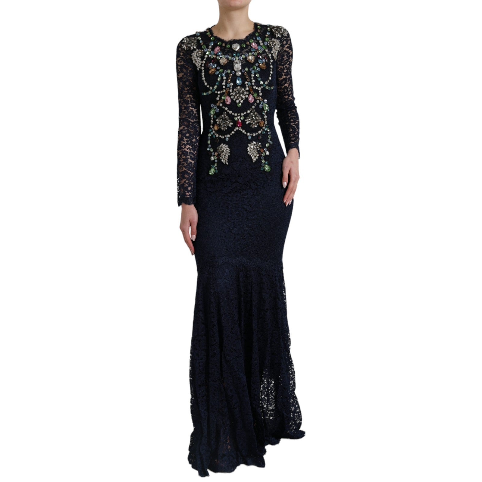 A long black lace gown with floral crystal embellishments, sleeveless design