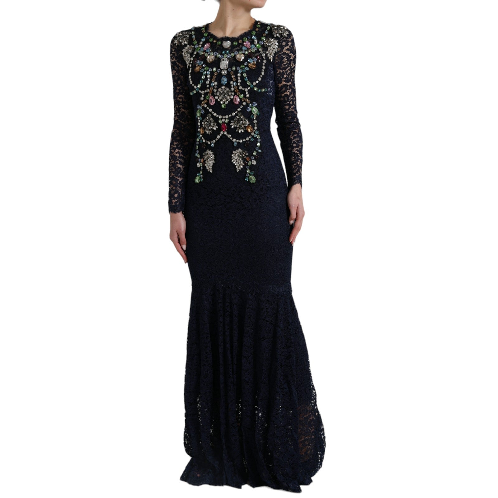 A long black dress with a floral lace design and crystals on the bodice