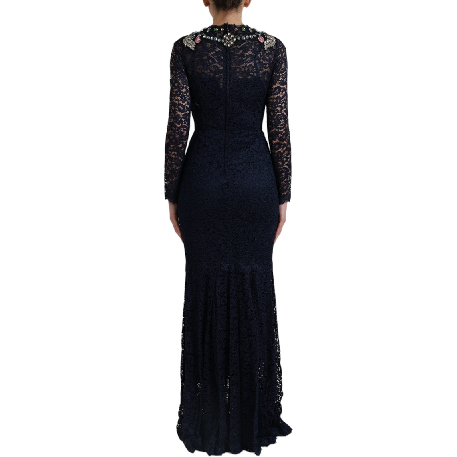 A long blue lace gown with floral crystal embellishments, designed by Dolce & Gabbana