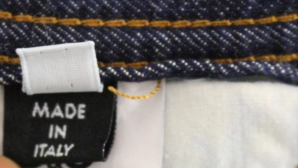 Blue fabric with yellow trim and white label reading "MADE IN ITALY"