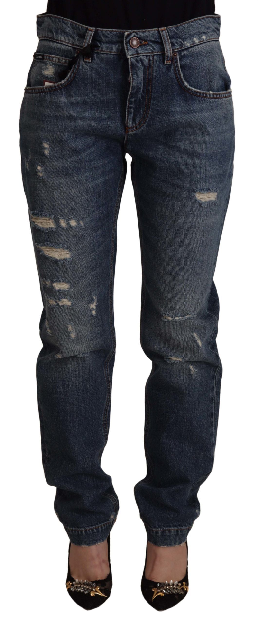Pair of distressed blue jeans on a mannequin