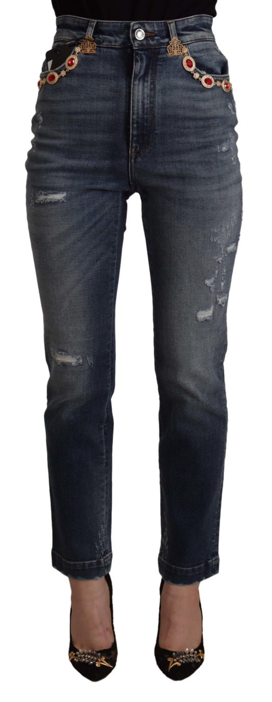 Pair of blue denim jeans with distressed details