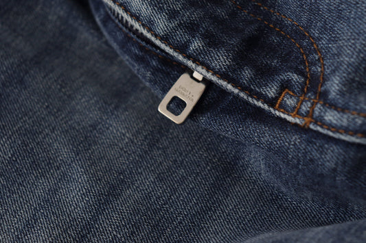 Blue denim jeans with metal button closure
