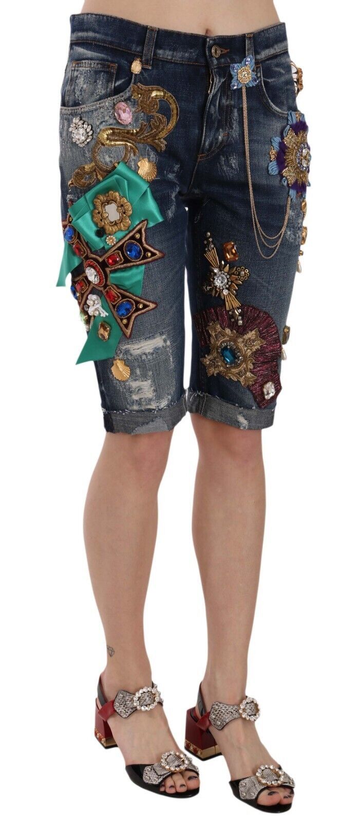 Denim shorts with embroidered designs on legs