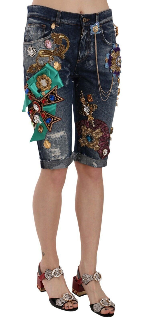 Denim shorts with embroidered designs on legs