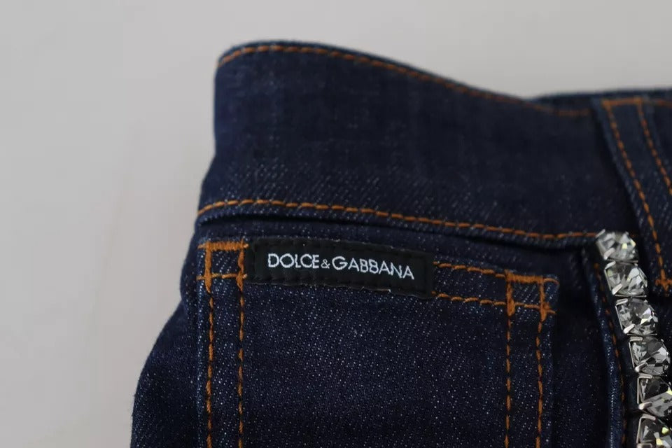 A pair of blue denim stretch crystal hot pants shorts by Dolce & Gabbana