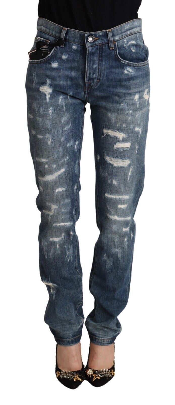 Pair of distressed denim jeans