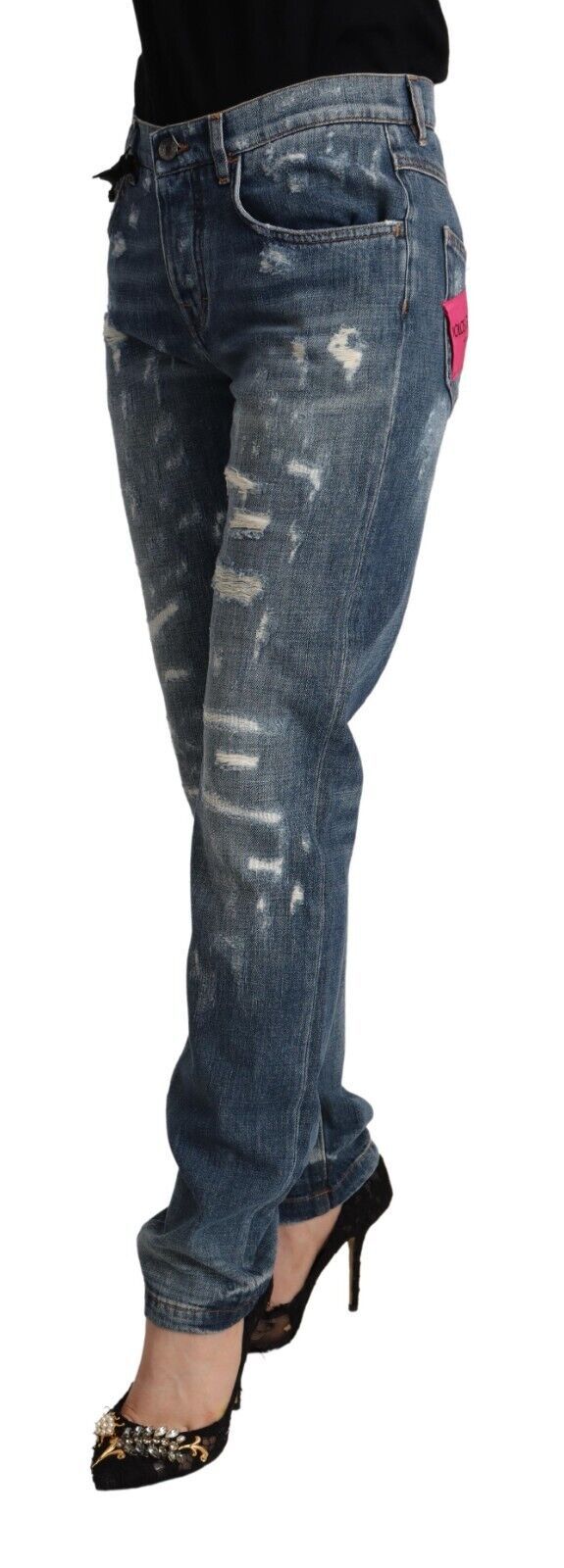 Pair of distressed blue jeans on a mannequin