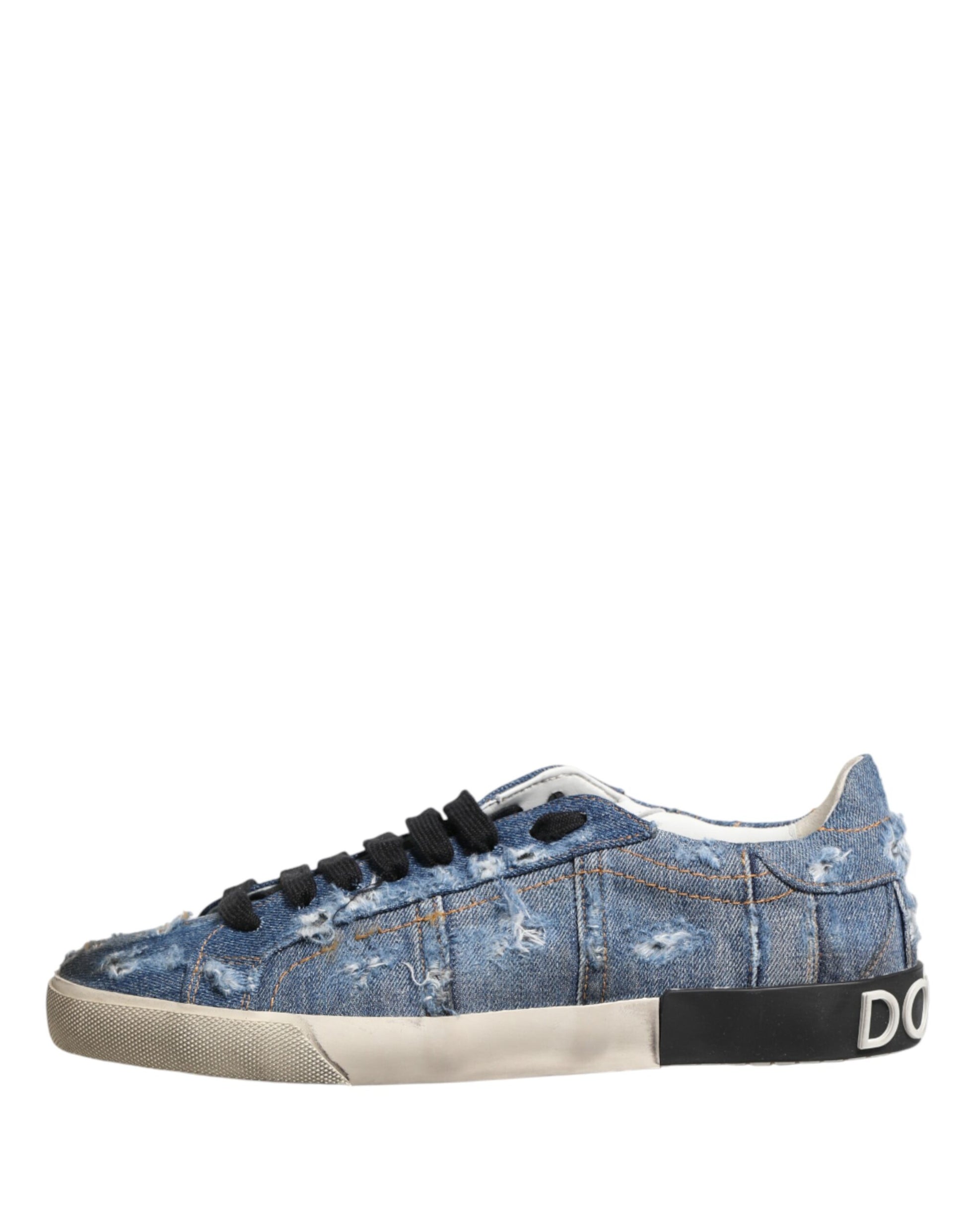 A pair of blue denim sneakers with distressed design and white laces