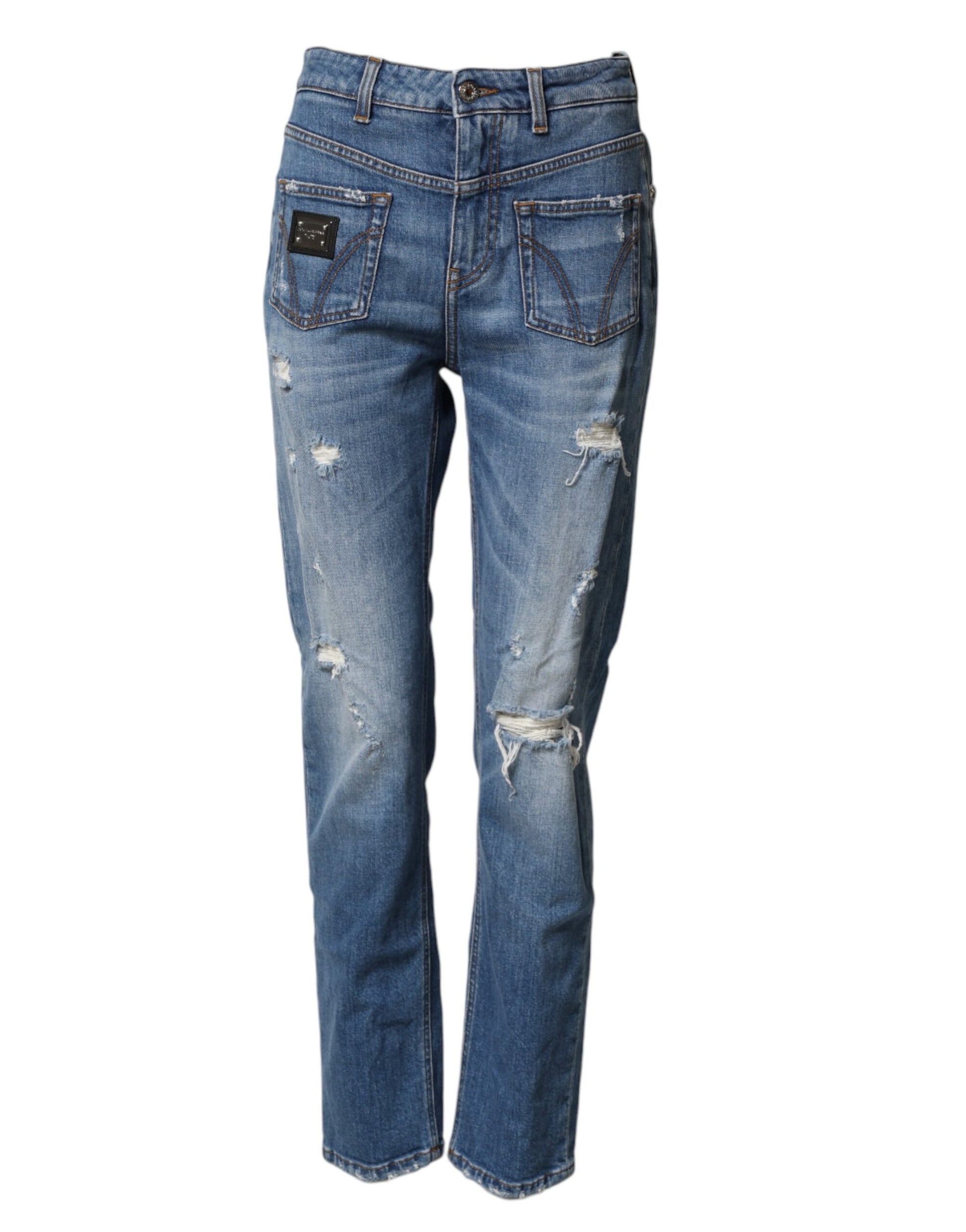 Pair of blue denim jeans with distressed details