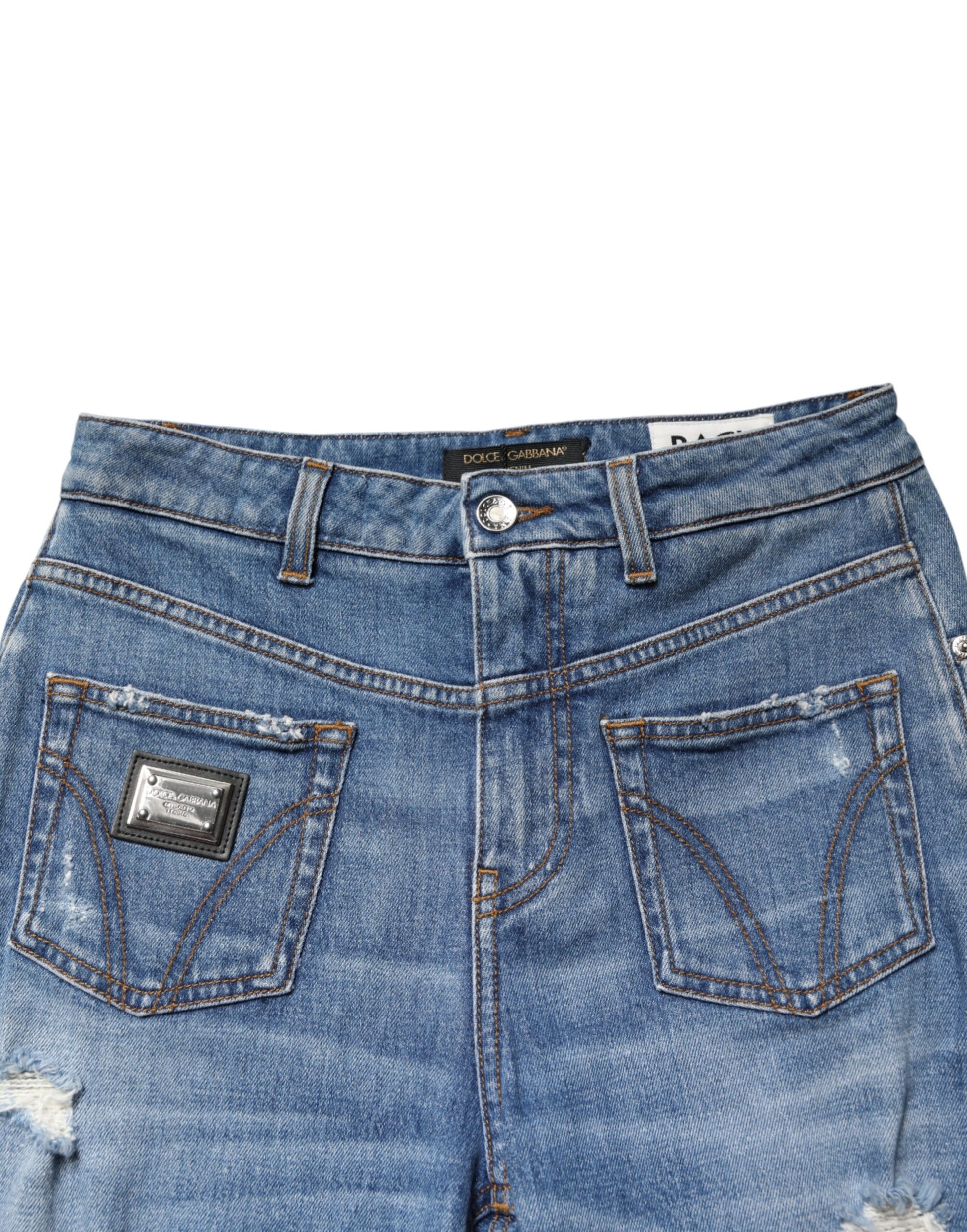 Blue denim shorts with distressed details