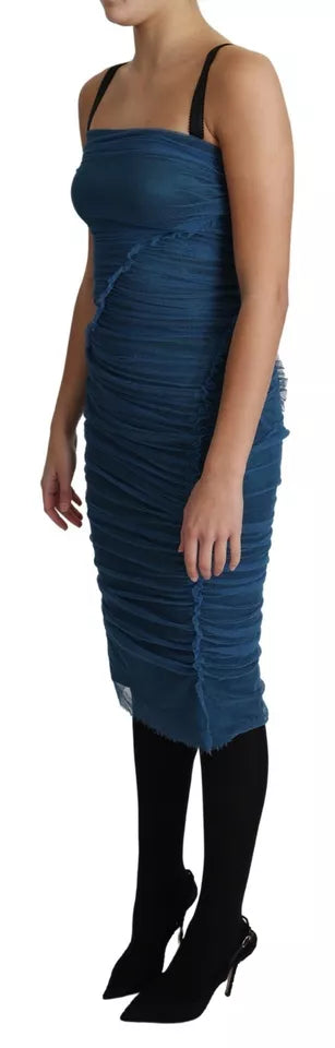 A blue draped tulle midi sheath dress with a cotton base