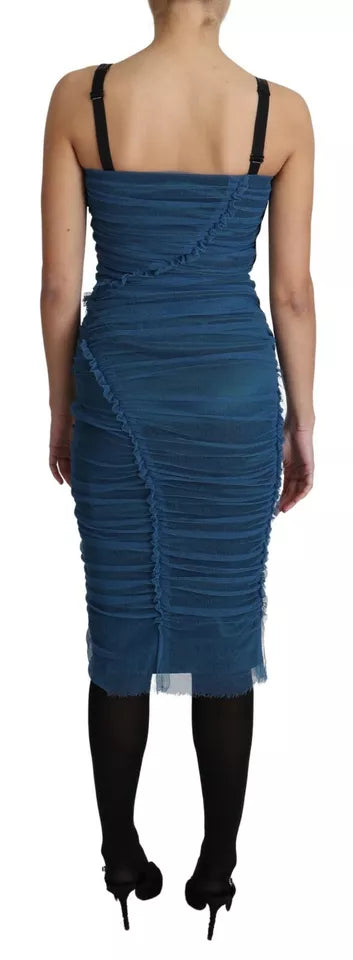 A blue draped tulle midi sheath cotton dress with a fitted bodice and flared skirt