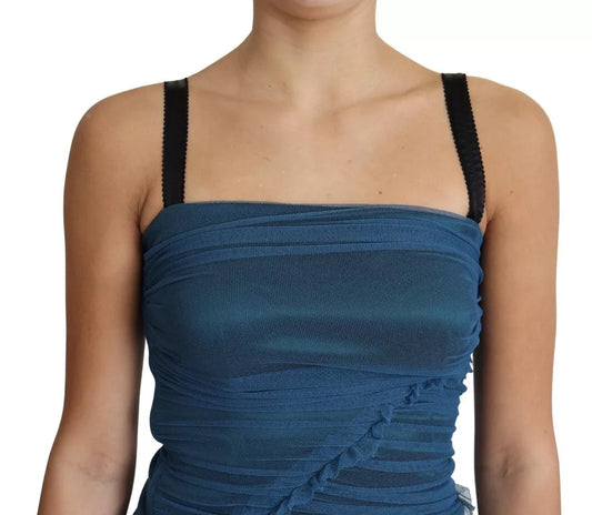 A blue draped tulle midi sheath cotton dress with black straps