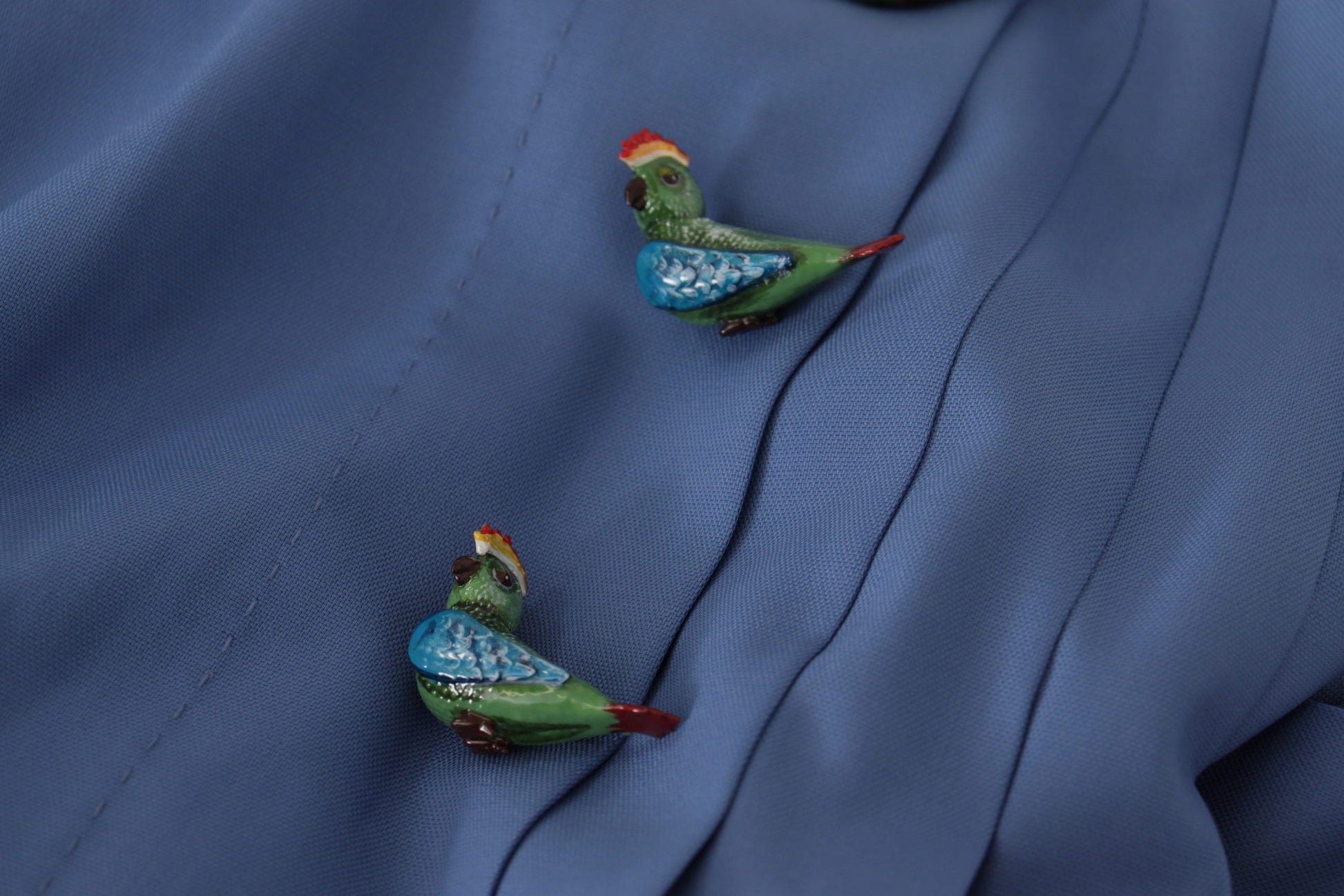 Two blue parrots on a fabric surface