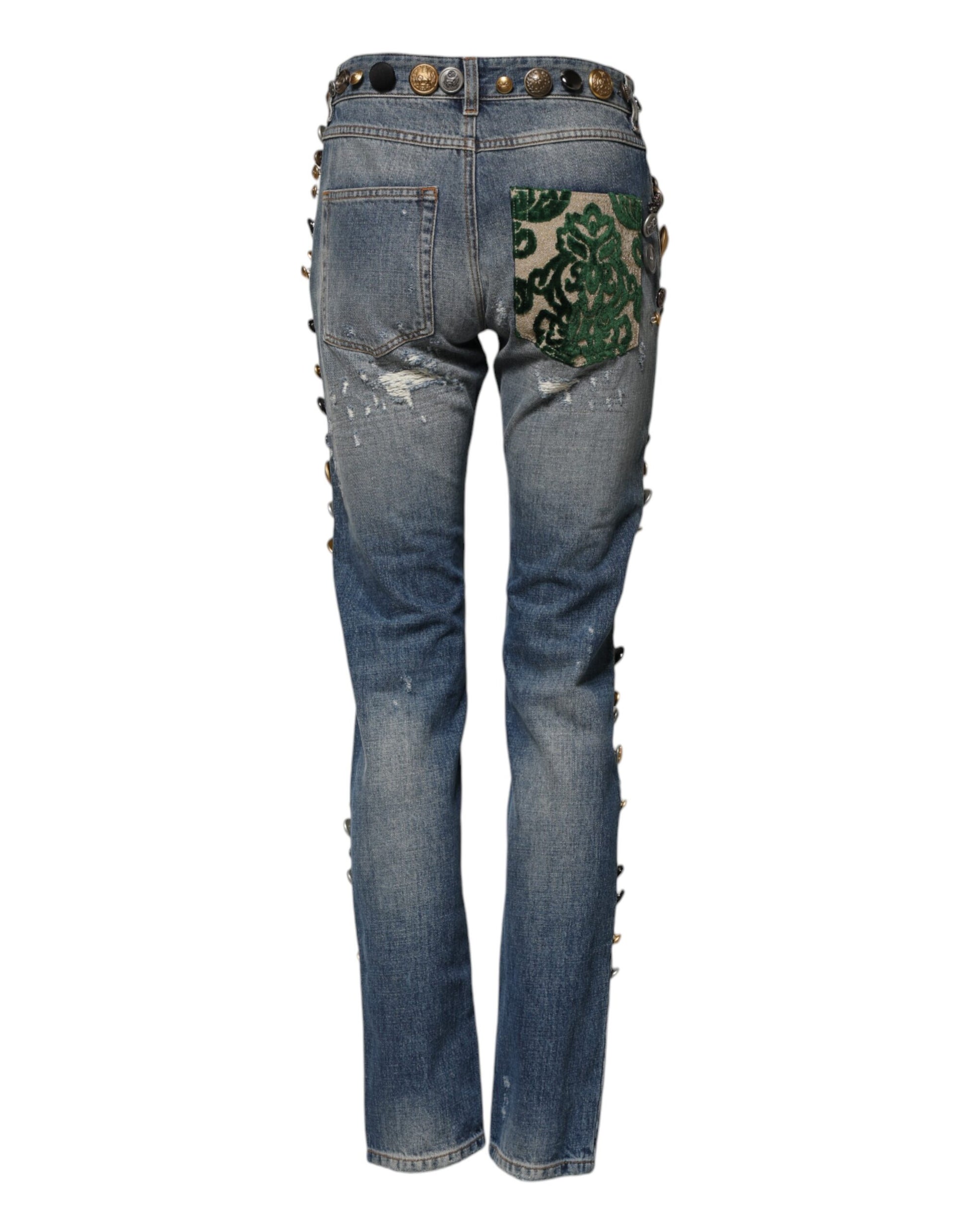Pair of blue jeans with embroidered design on back pocket