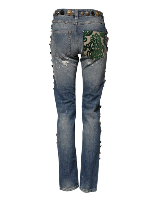 Pair of blue jeans with embroidered design on back pocket