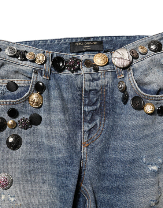 Denim jeans with embellishments on waistband