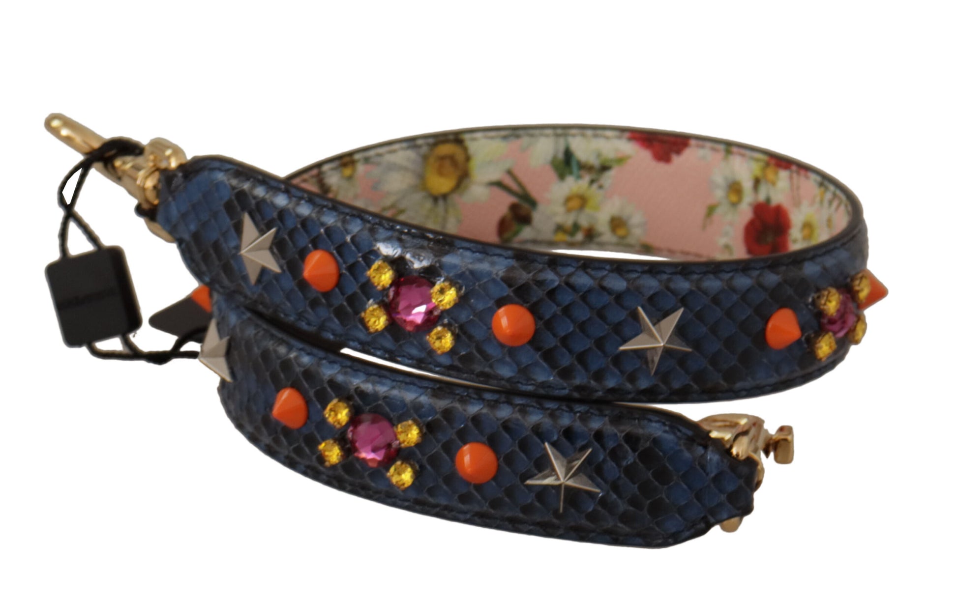 Decorative bracelet with blue fabric, floral pattern, stars, pink and orange beads, gold accents