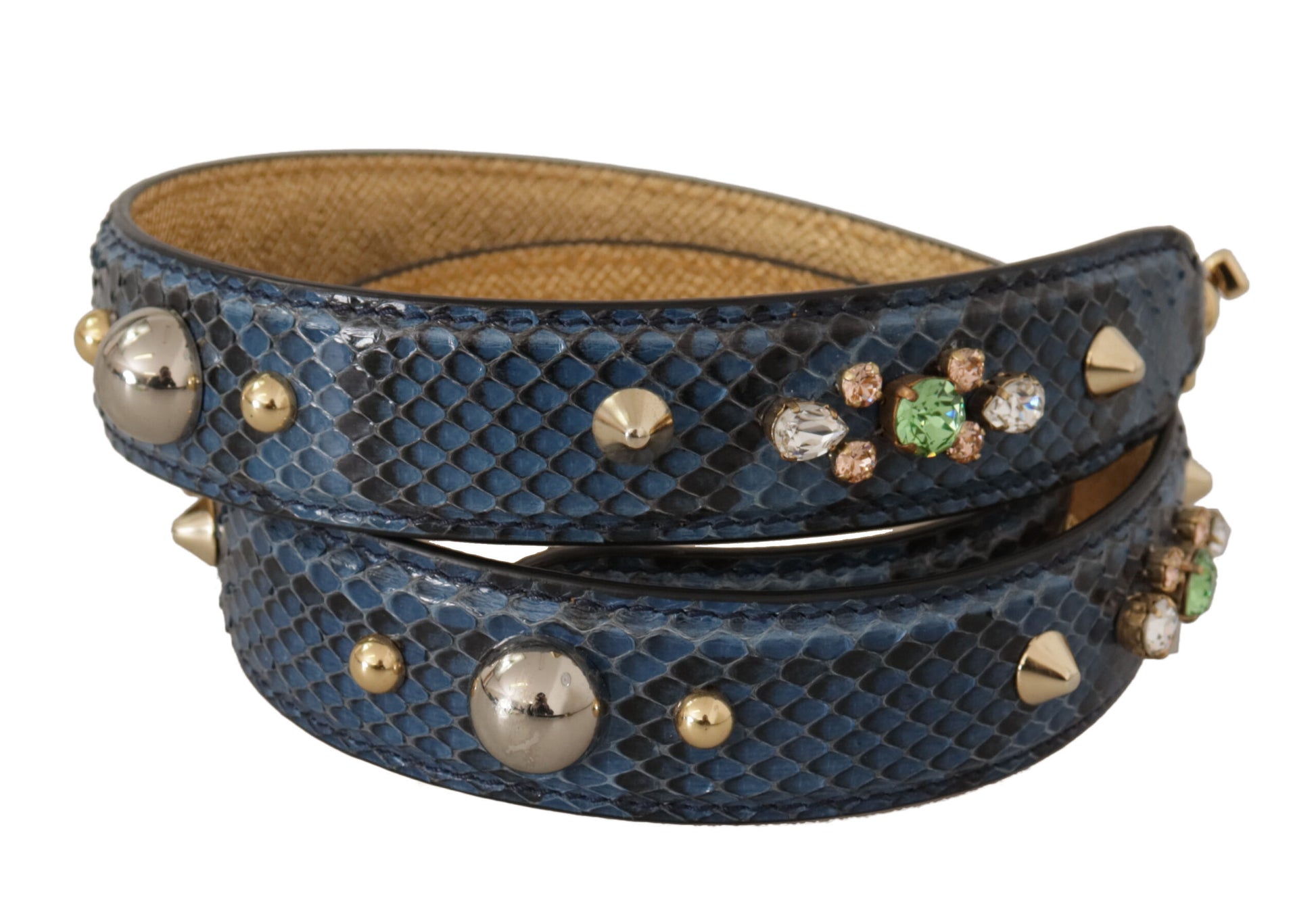 Blue snake skin bracelet with gold studs and rhinestones