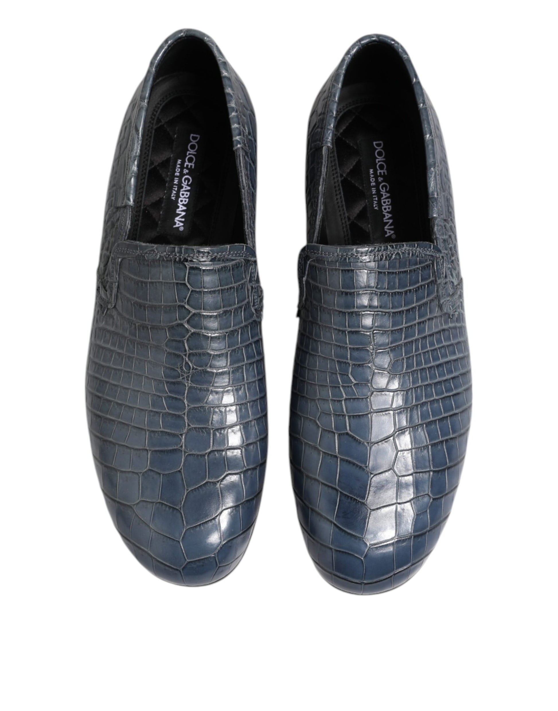 Pair of blue exotic leather loafers with a slip-on design
