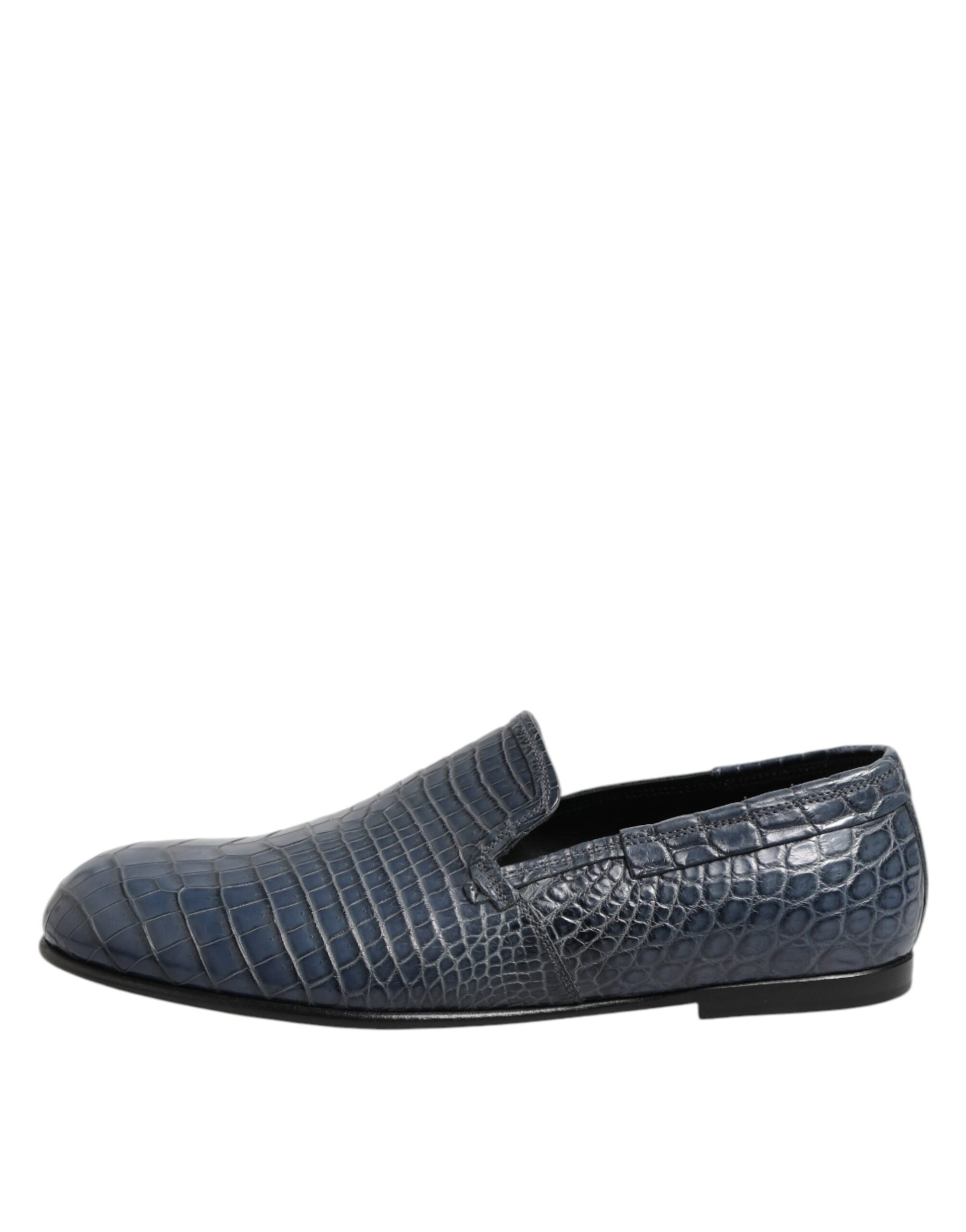 A pair of blue exotic leather slip on loafers for men