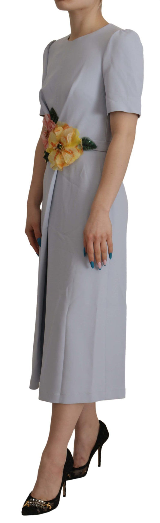 A midi dress with blue floral applique on a viscose fabric, designed by Dolce & Gabbana