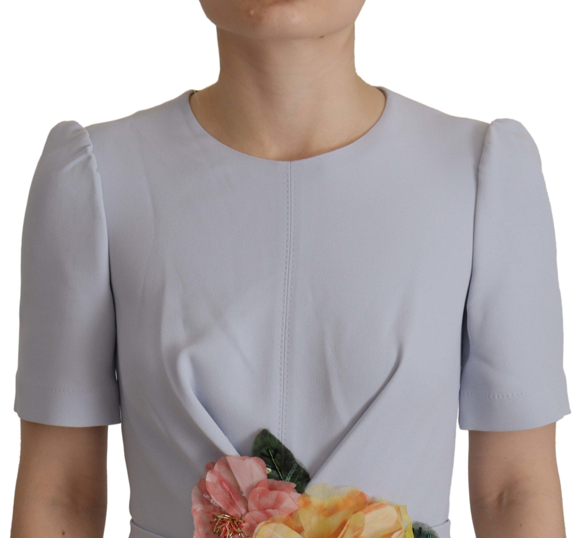 A blue midi dress with floral applique detailing on the bodice and sleeves