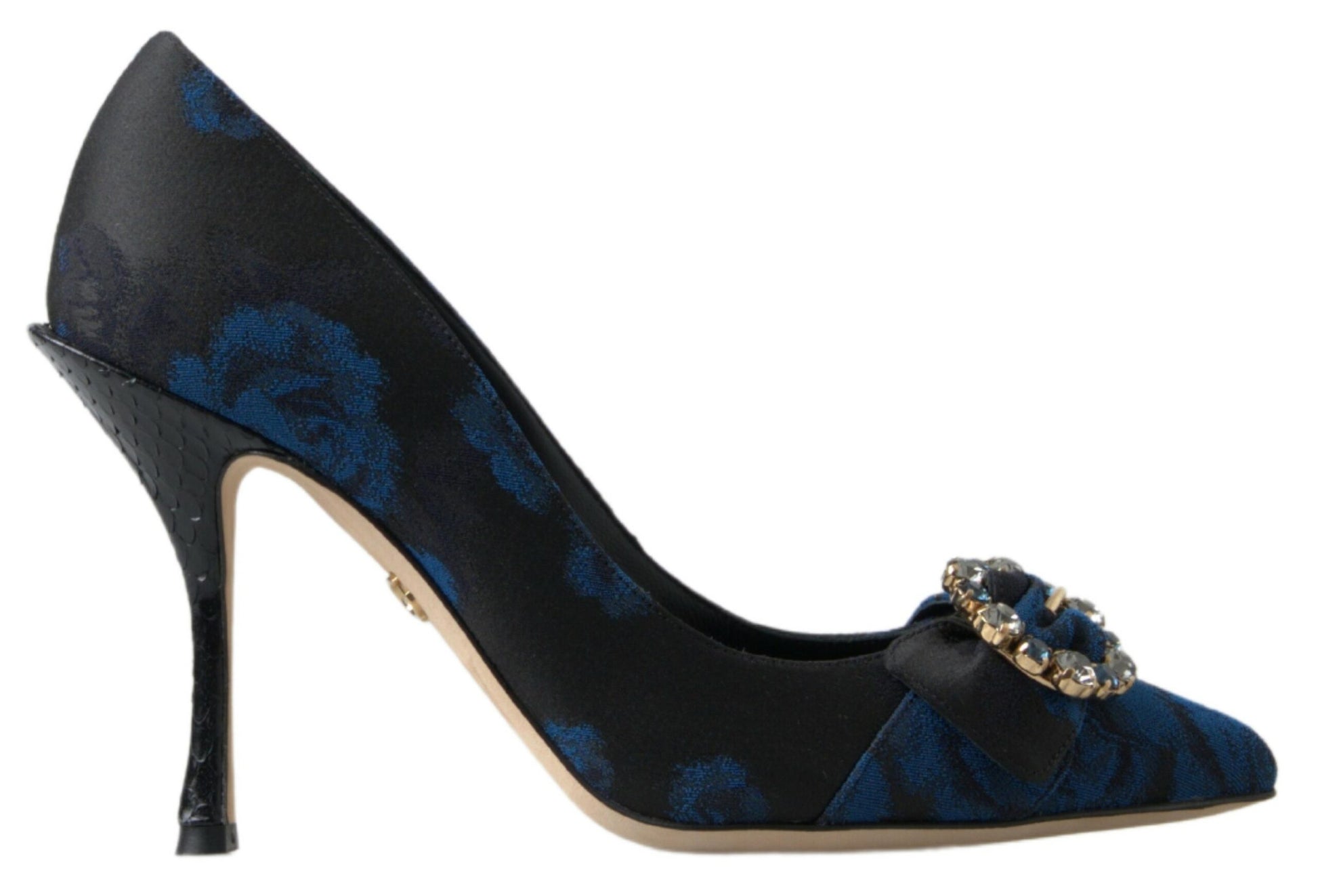 Pair of blue floral patterned women's shoes with heels