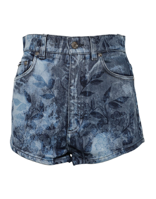 Blue denim shorts with floral pattern on front