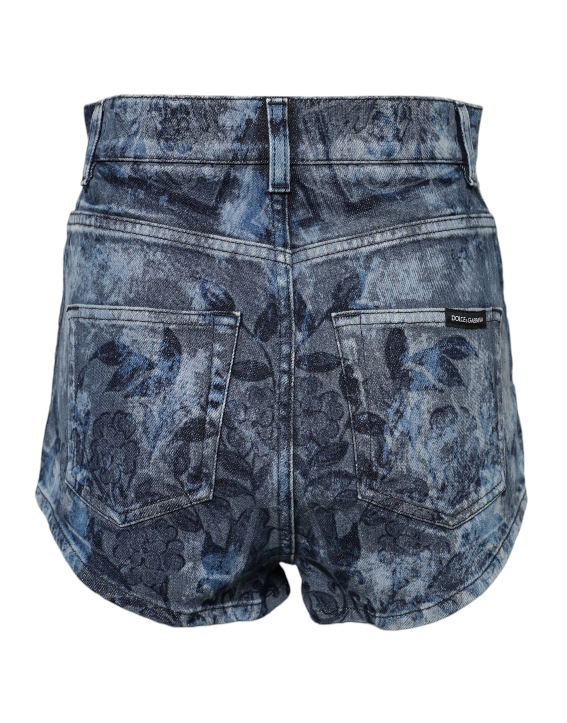 Blue denim shorts with floral pattern
