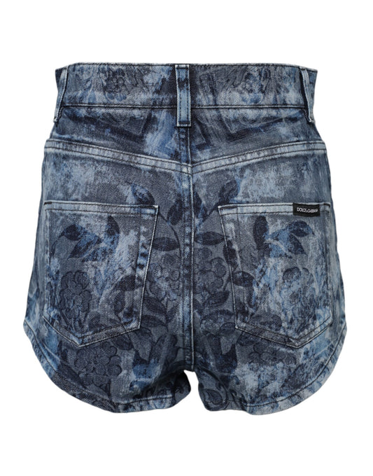 Blue denim shorts with floral pattern