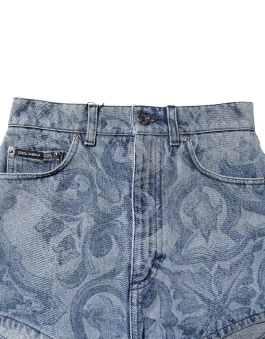 Blue denim jeans with floral pattern on front