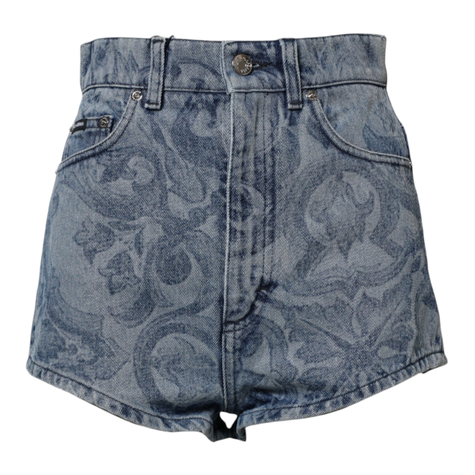 Blue denim shorts with floral pattern