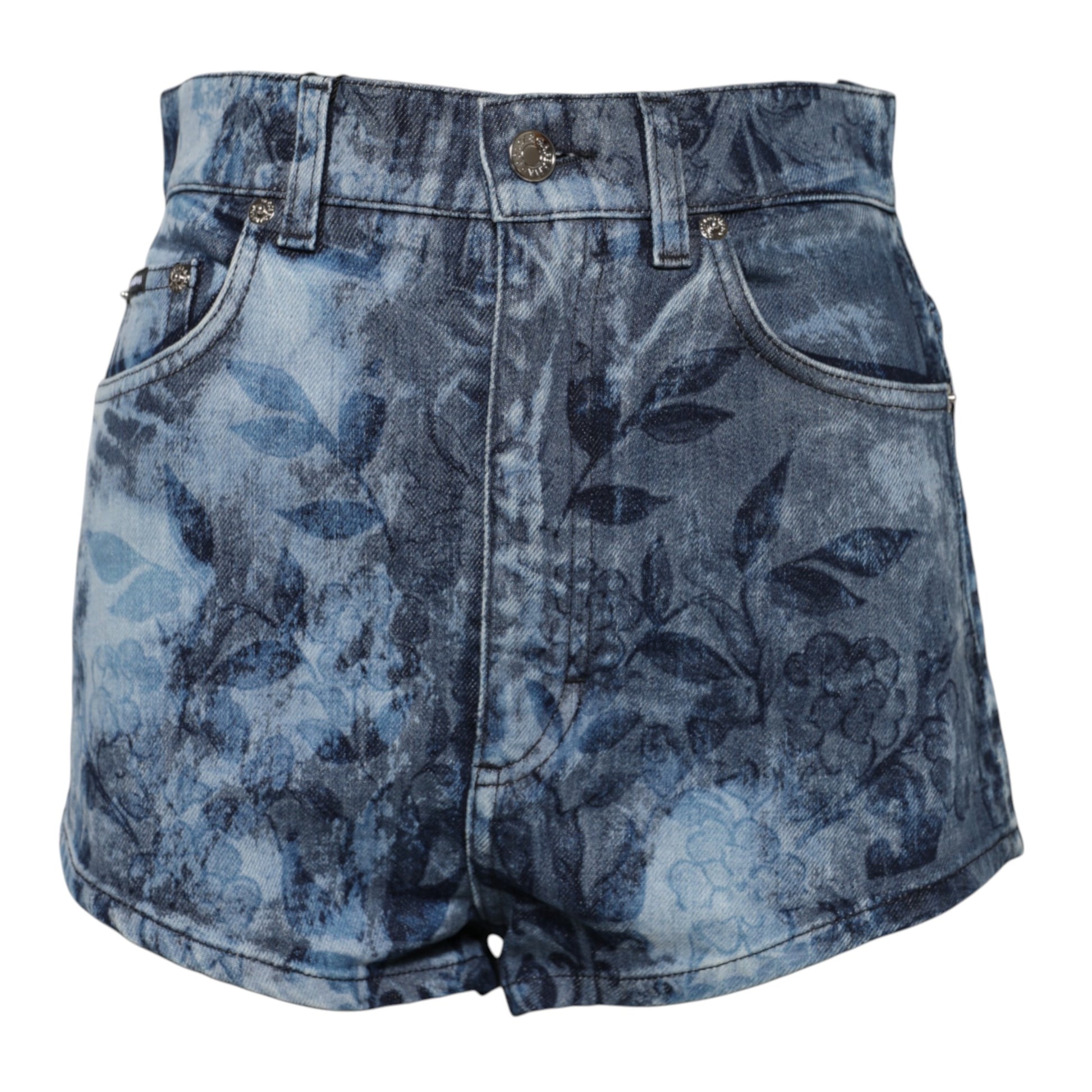 Blue denim shorts with floral pattern