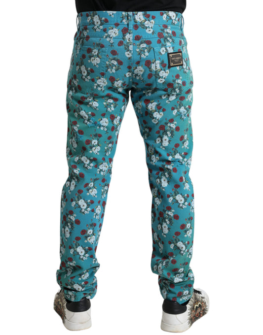 Pair of blue jeans with floral pattern