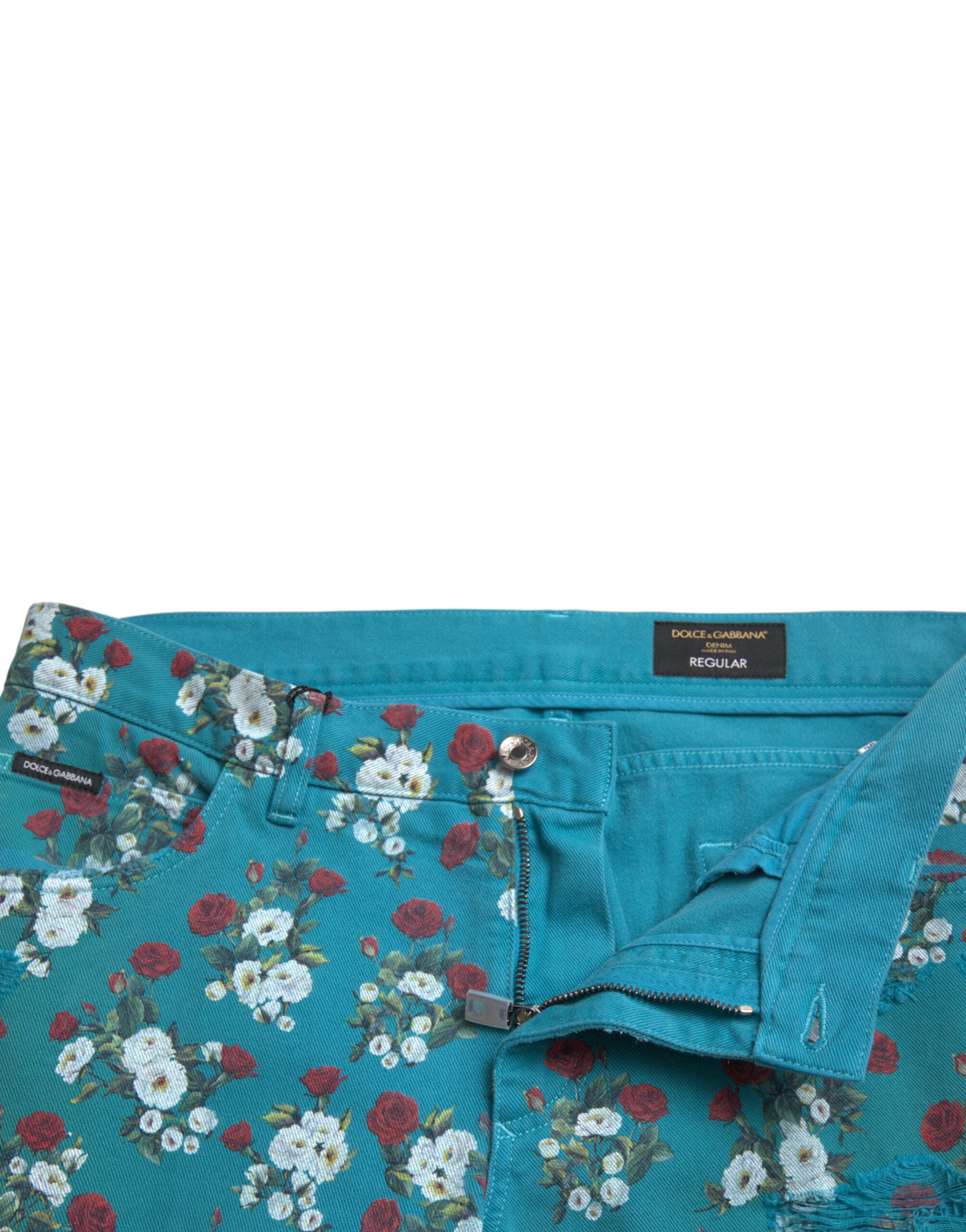 Blue floral print shorts with button closure