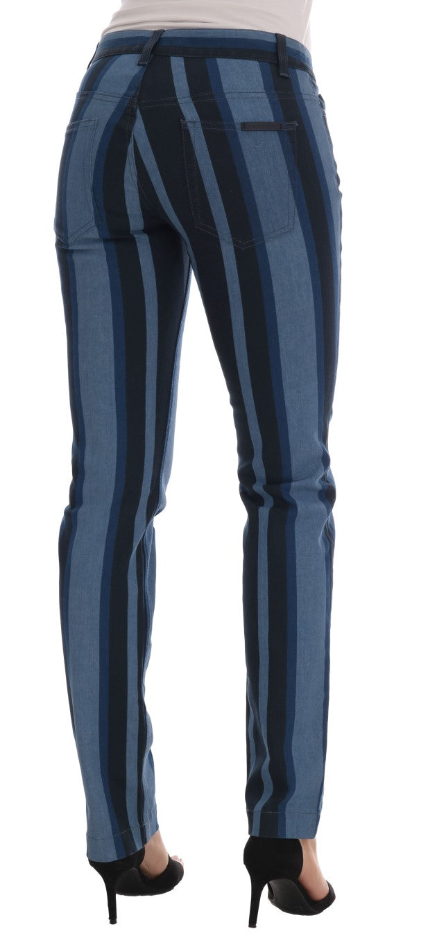 Pair of blue jeans with white stripes down the sides