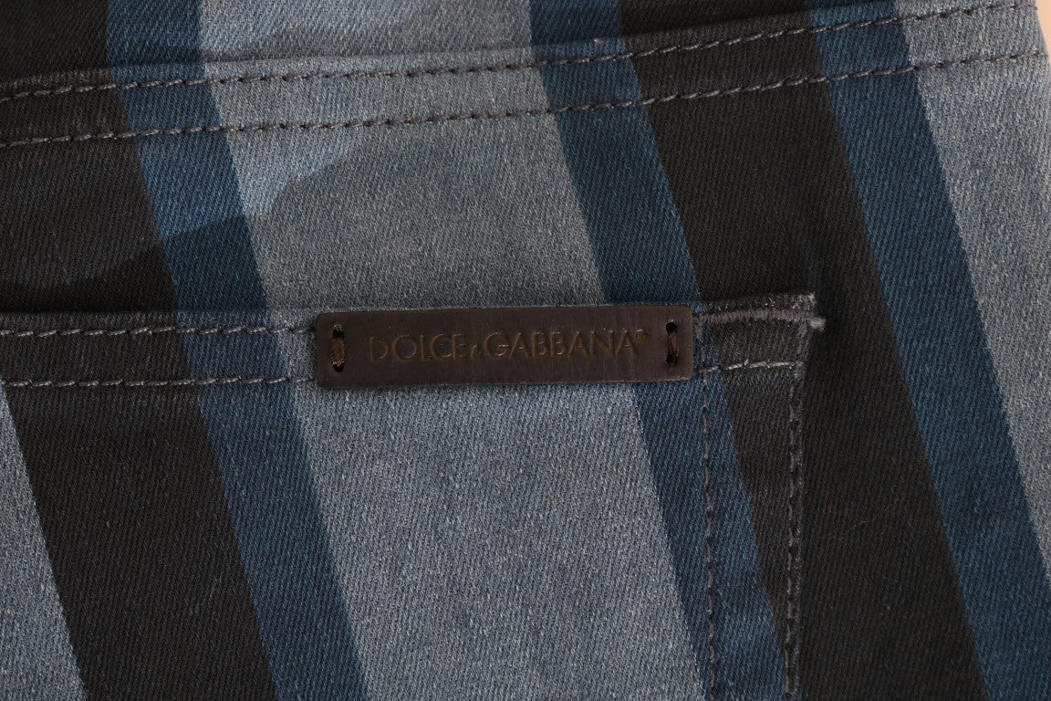 Blue jeans with plaid pattern and brand label on waistband