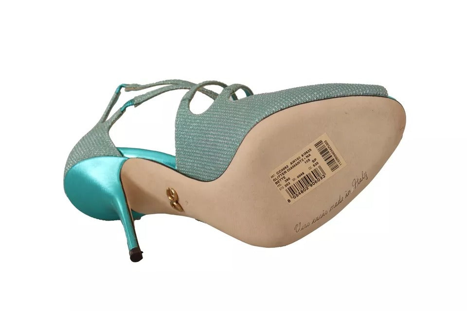 Teal heeled women's shoe with a label on the insole