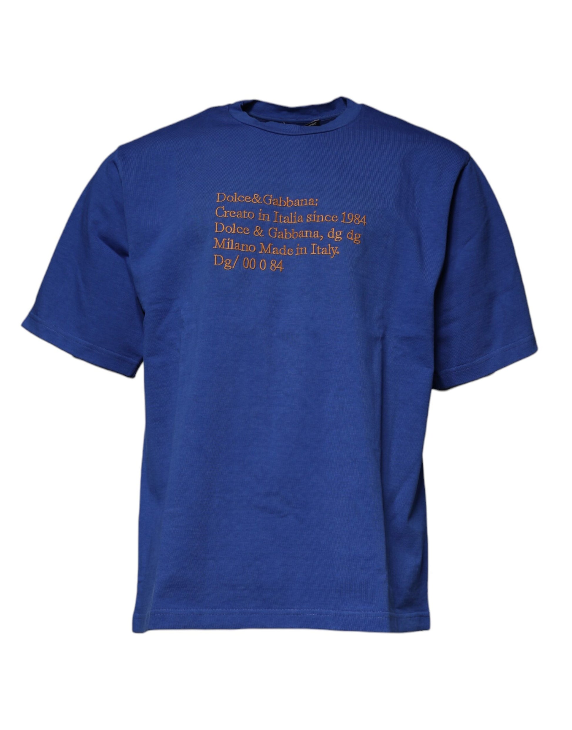 Blue t-shirt with orange text