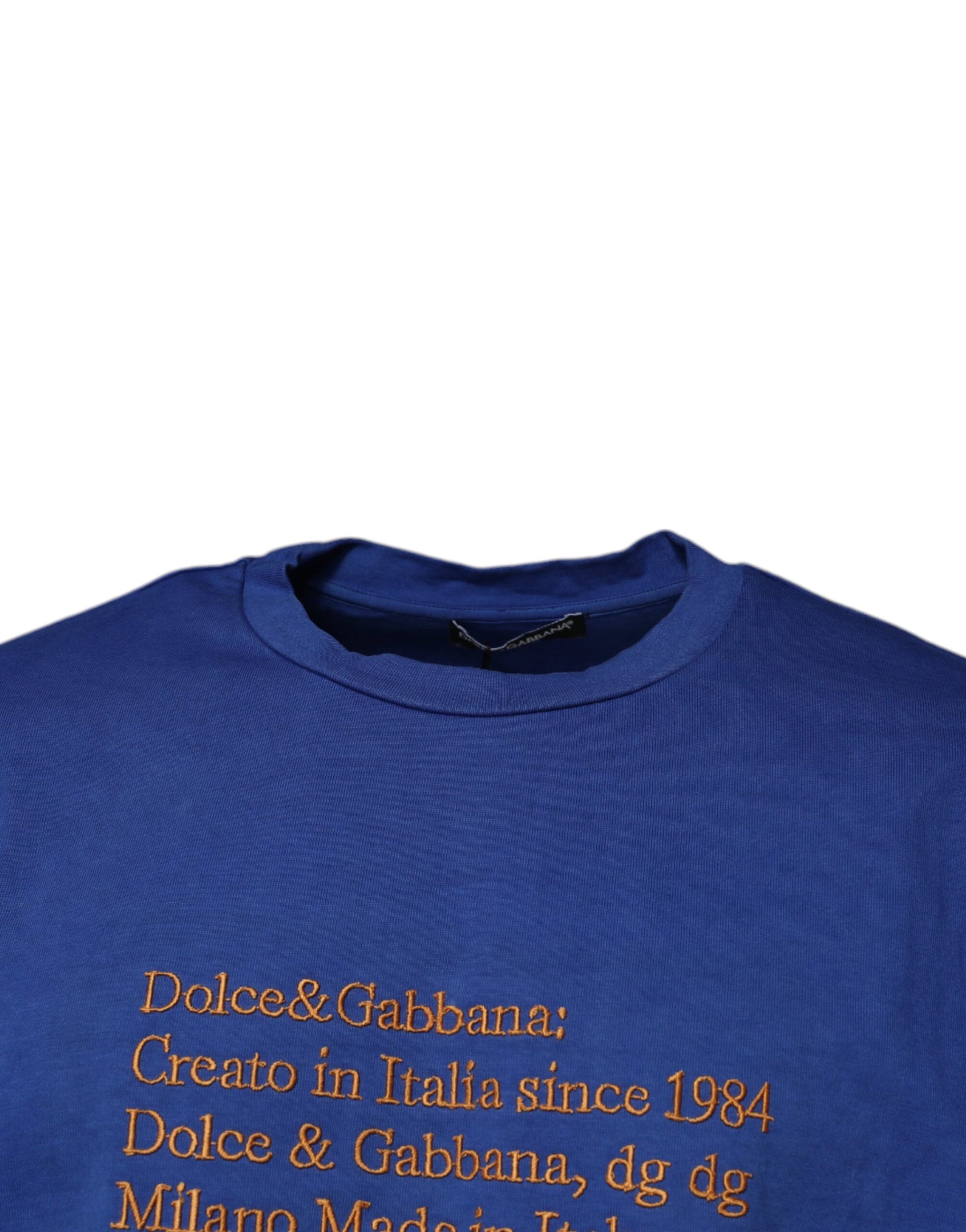 Blue sweatshirt with orange text