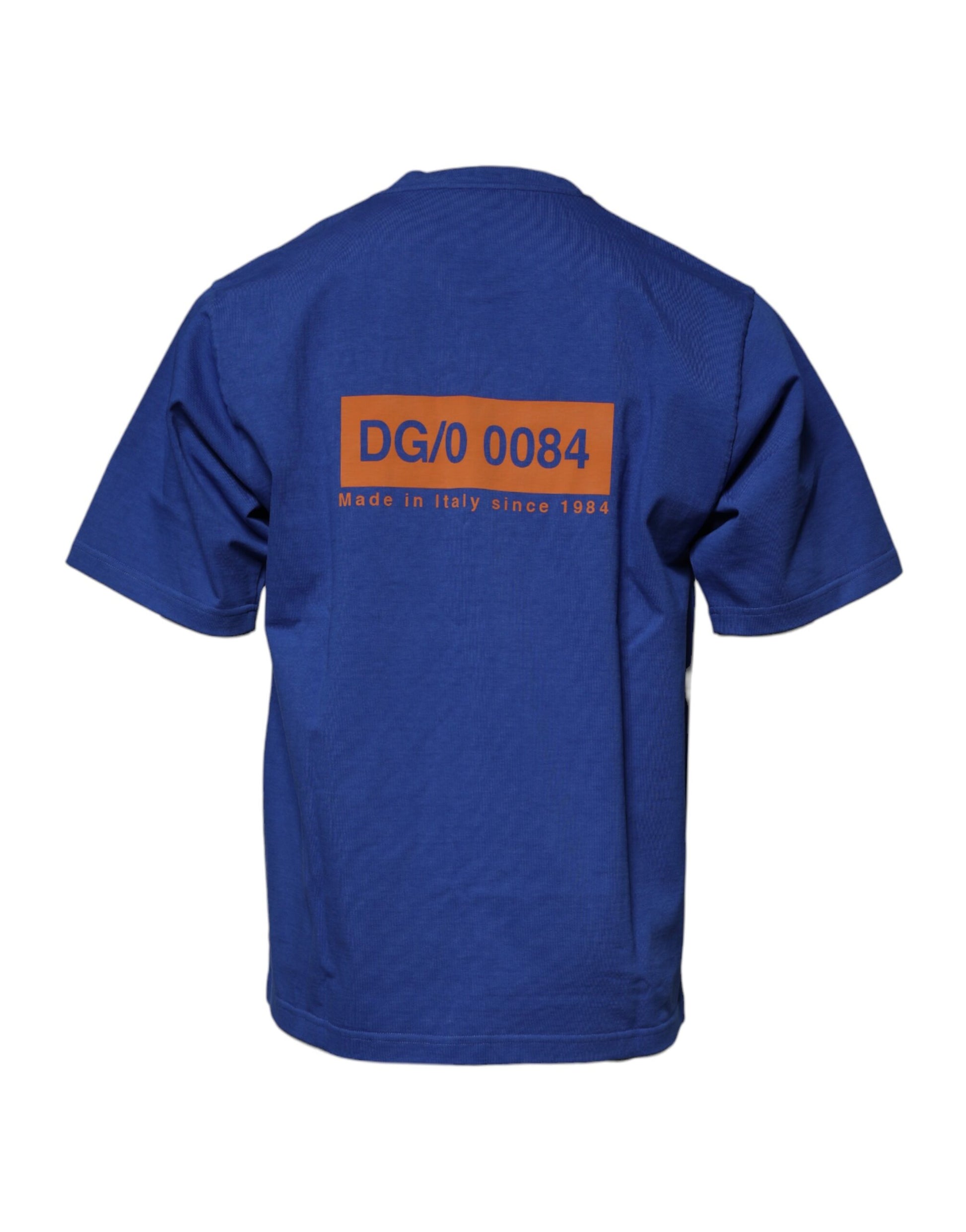 Blue short sleeve shirt with orange lettering on back