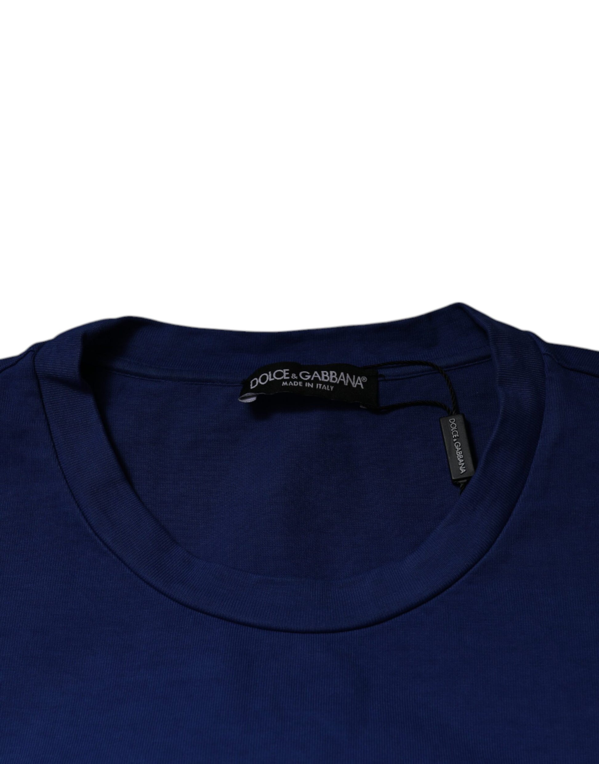 Blue crew neck t-shirt on hanger