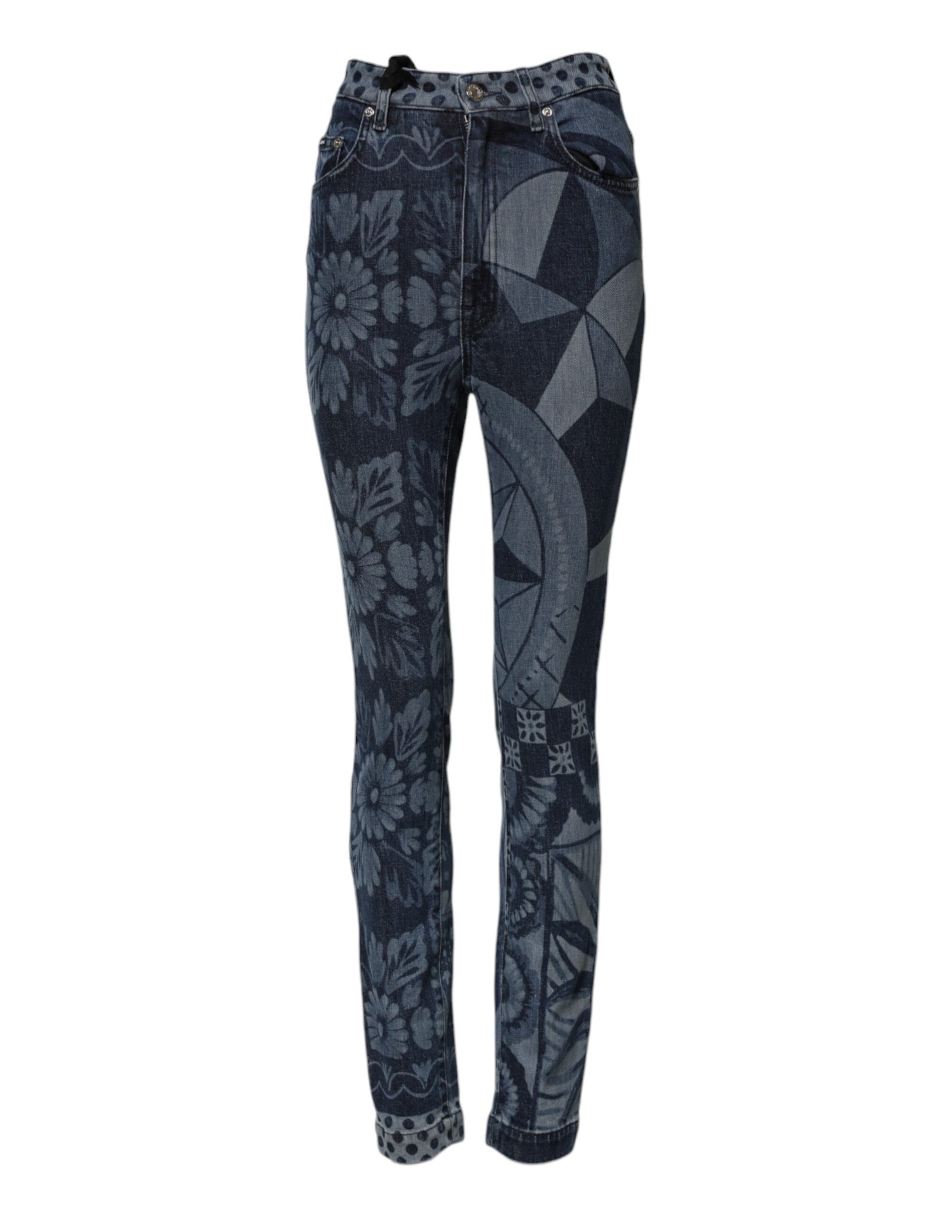 Pair of blue jeans with floral pattern on legs