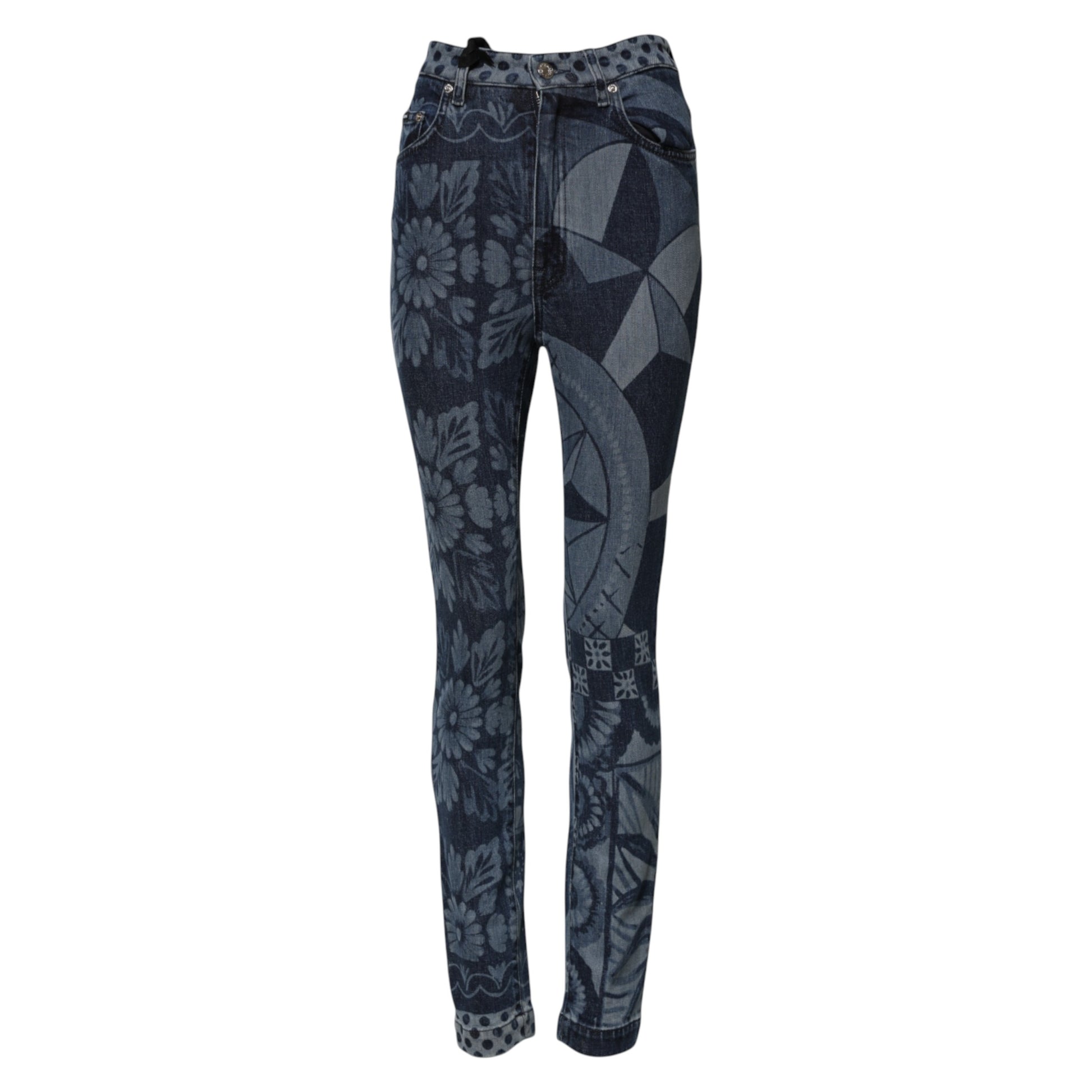 Pair of blue jeans with floral pattern on legs